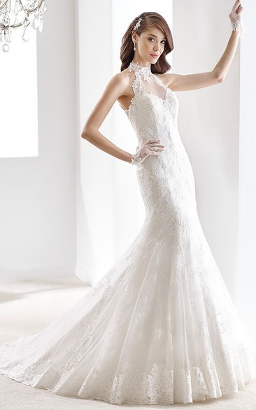 High-neck Brush-train Mermaid Lace Wedding Gown with Illusive Neckline And Back 