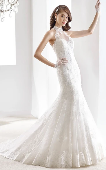 High-neck Brush-train Mermaid Lace Wedding Gown with Illusive Neckline And Back 