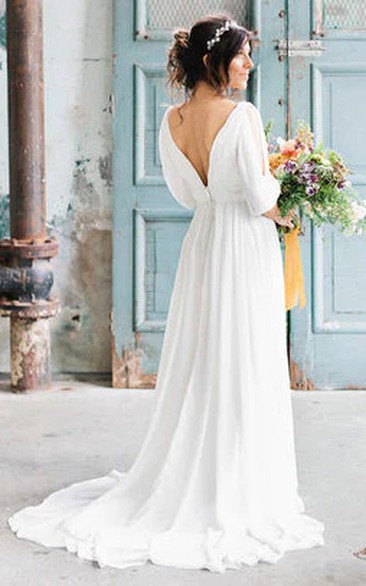 Simple Low-v Back Chiffon Empire A-line Sweep Train Solid Wedding Dress