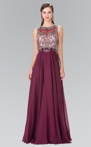A-Line Scoop-Neck Sleeveless Chiffon Keyhole Dress With Beading And Pleats