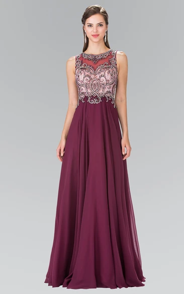 A-Line Scoop-Neck Sleeveless Chiffon Keyhole Dress With Beading And Pleats