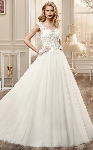 Cap-Sleeve Wedding Dress with Pleated Skirt and Lace Bodice