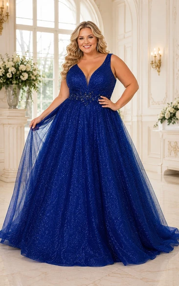 Vestido de gala azul marino de talla grande con tul brillante y escote en V para bailes de graduación, quinceañeras y celebraciones formales.