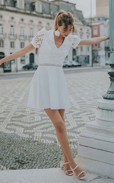 Short Sleeved Casual A Line Lace Wedding Dress