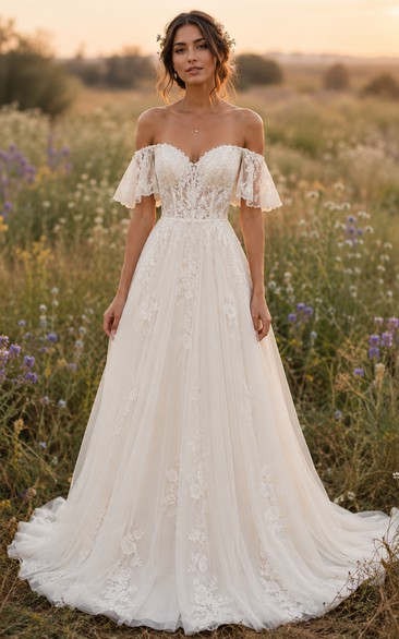 Boho A-Line Wedding Dress Off Shoulder Sweetheart Tulle Lace Applique Floor Length Chapel Train Ivory