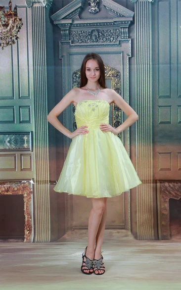 Strapless A-Line Midi Beading and Dress With Pleats