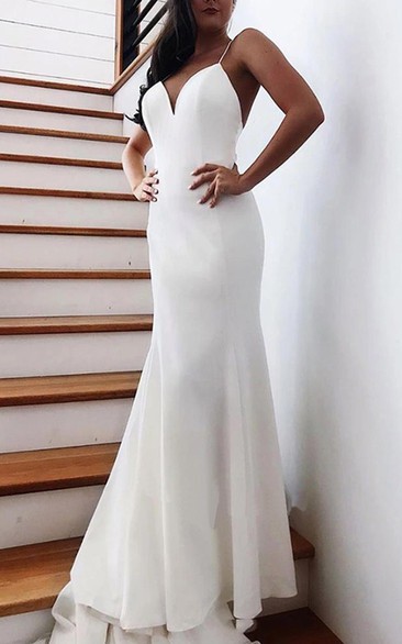 Elegant Satin Mermaid Spaghetti Long Simple Wedding Dress with Bow