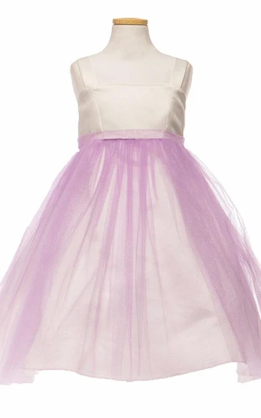 Tea-Length Spaghetti Empire Tiered Tulle&Satin Flower Girl Dress