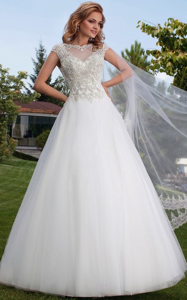 Ball Gown Cap Sleeve Bateau Neck Appliqued Tulle Wedding Dress