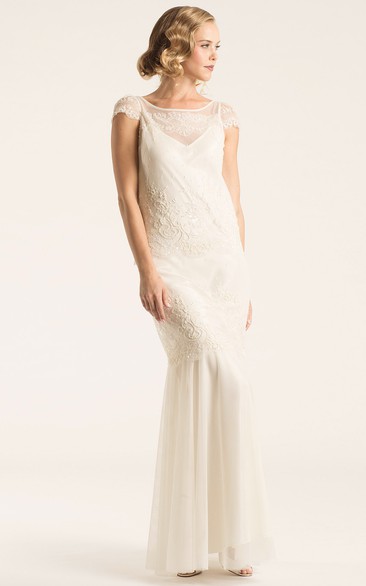 Scoop Maxi Cap-Sleeve Lace Wedding Dress With Illusion