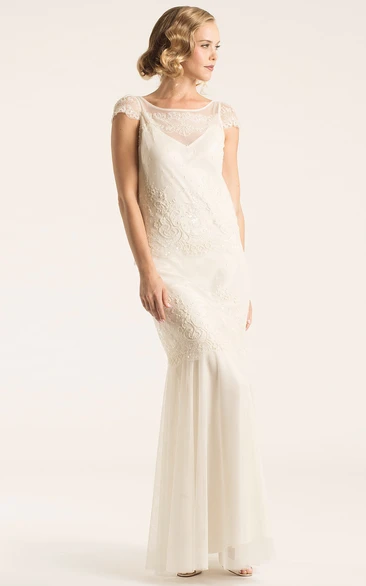 Scoop Maxi Cap-Sleeve Lace Wedding Dress With Illusion