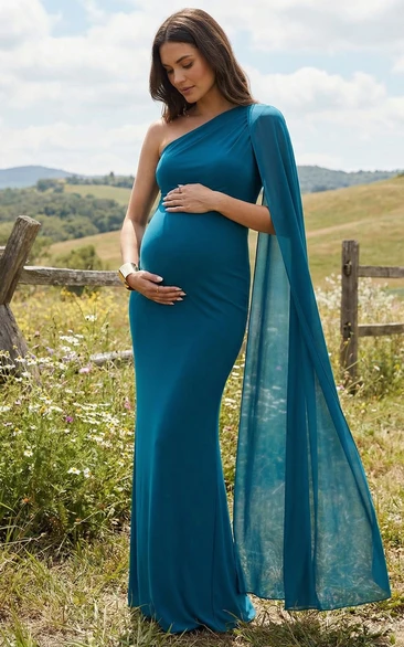 Peacock One-Shoulder Maternity Evening Dress with Sheer Cape Sleeve & Back Slit