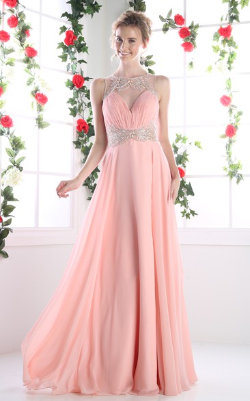 A-Line Jewel-Neck Sleeveless Chiffon Keyhole Dress With Ruching And Beading