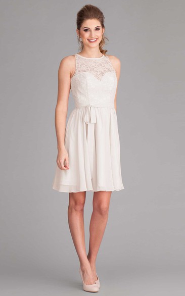 Mini Scoop-Neck Lace Chiffon Wedding Dress With Ribbon