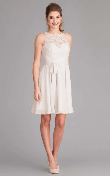 Mini Scoop-Neck Lace Chiffon Wedding Dress With Ribbon