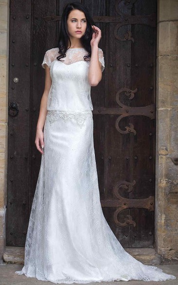 Sheath Long T-Shirt-Sleeve Bateau-Neck Lace Wedding Dress With Beading And Illusion