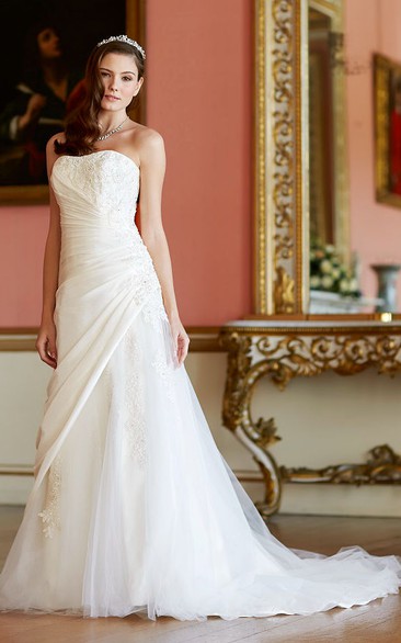 A-Line Strapless Taffeta&Tulle Wedding Dress With Lace Up