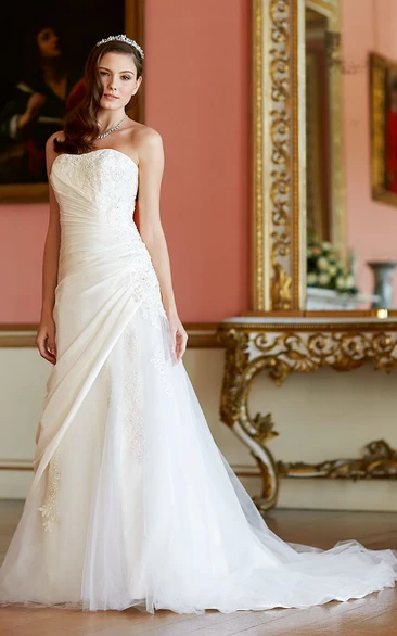 A-Line Strapless Taffeta&Tulle Wedding Dress With Lace Up
