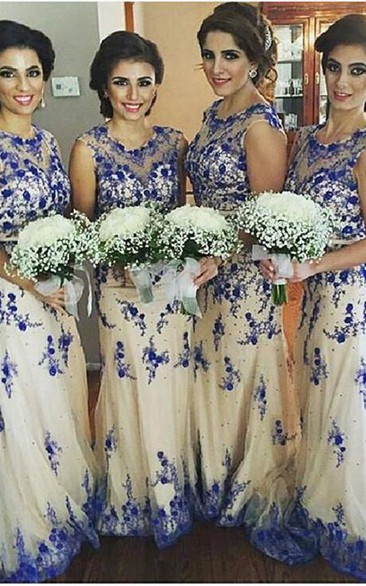 Newest Lace Appliques Illusion Bridesmaid Dress Sweep Train