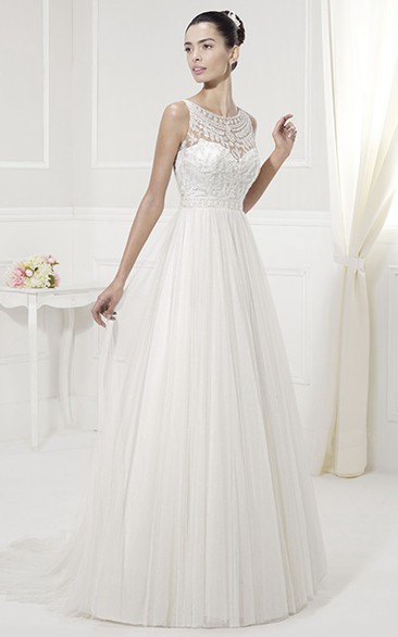 Jewel Neckline Appliqued Top Tulle Pleated Bridal Gown