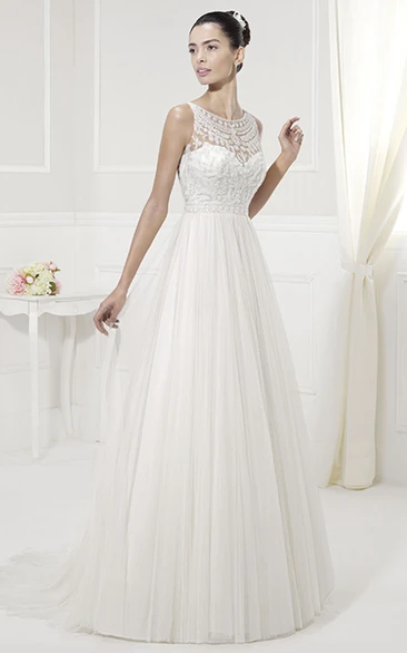 Jewel Neckline Appliqued Top Tulle Pleated Bridal Gown