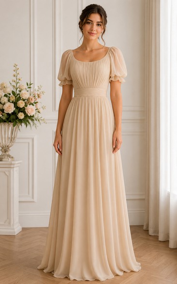 Champagne A-Line Chiffon Scoop Neck Bridesmaid Dress with Puff Sleeves