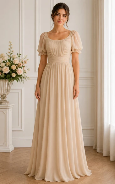 Champagne A-Line Chiffon Scoop Neck Bridesmaid Dress with Puff Sleeves