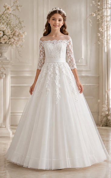 Off-the-shoulder Long Sleeve Lace Tulle First Communion Dress