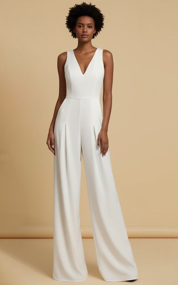 Deep V Sleeveless Wide Leg Wedding Jumpsuit