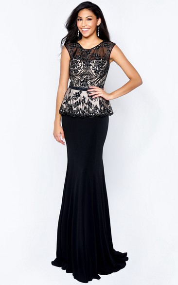 Sheath Maxi V-Neck Sleeveless Jersey Illusion Dress With Appliques And Peplum