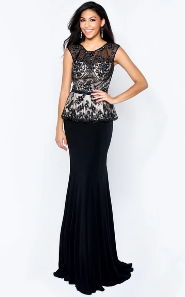 Sheath Maxi V-Neck Sleeveless Jersey Illusion Dress With Appliques And Peplum