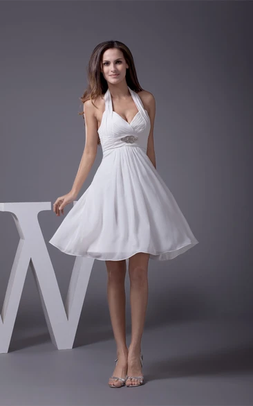 Knee Length Sleeveless Halter A-Line Dress With Ruching and Beadings