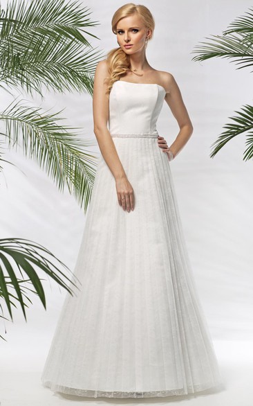 A-Line Strapless Long Pleated Satin&Tulle Wedding Dress With Waist Jewellery And Corset Back