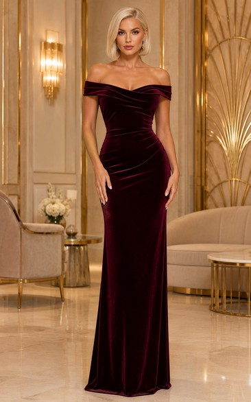 Plus Size Burgundy Velvet Off-the-Shoulder Mermaid Evening Dress with Floor-Length Skirt