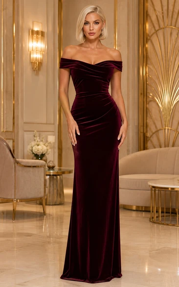Vestido de noche de terciopelo burdeos de talla grande con escote Bardot y falda larga hasta el suelo.