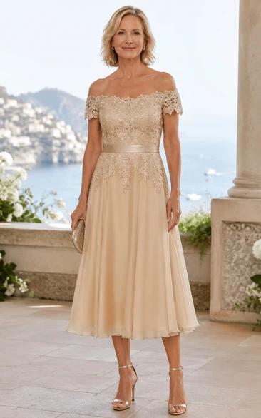 Champagne Off-the-Shoulder Lace Tea-Length Mother of the Bride Dress