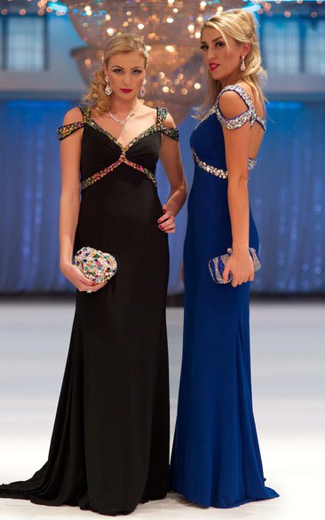 Sheath V-Neck Maxi Beaded Jersey Prom Dress