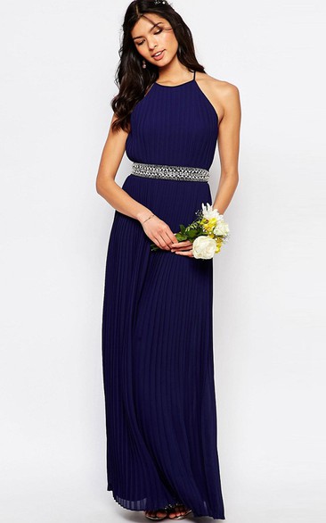 Ankle-Length Sheath High Neck Sleeveless Pleated Chiffon Bridesmaid Dress