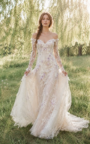 Champagne Off-the-Shoulder Floral Lace A-Line Wedding Dress