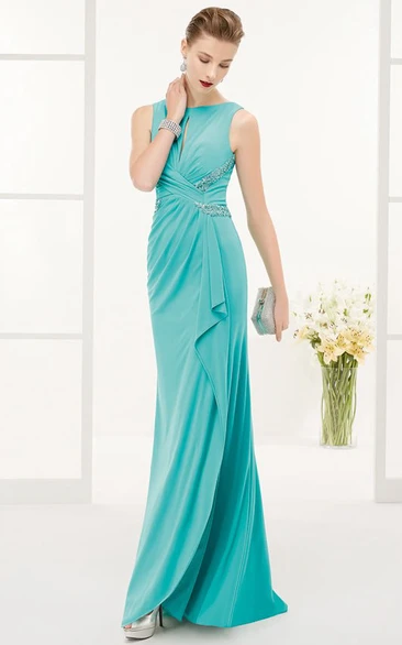 Side Drape Sequined Waist Sheath Long Prom Dress With Front And Back Keyhole