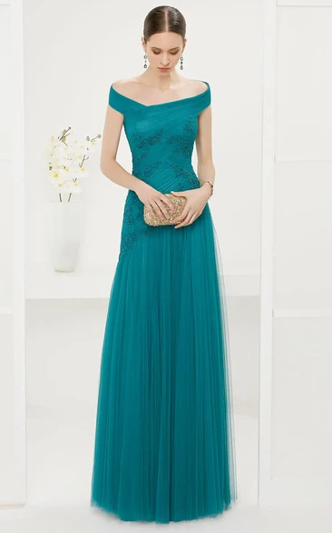 Off Shoulder A-Line Pleated Tulle Long Prom Dress With Appliqued Top