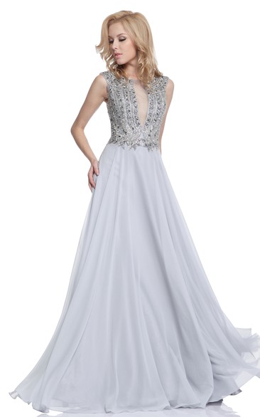 A-Line Bateau Sleeveless Chiffon Keyhole Dress With Crystal Detailing