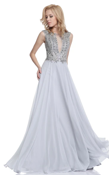 A-Line Bateau Sleeveless Chiffon Keyhole Dress With Crystal Detailing