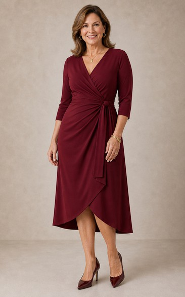 Burgundy V-neck Wrap Tea-Length Sheath Dress