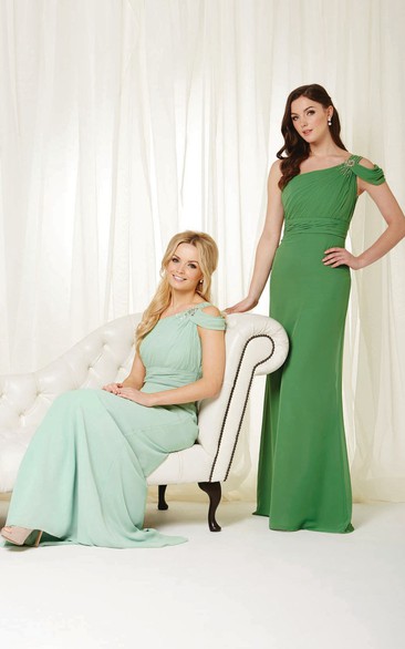 One-Shoulder Sleeveless Ruched Chiffon Bridesmaid Dress With Beading