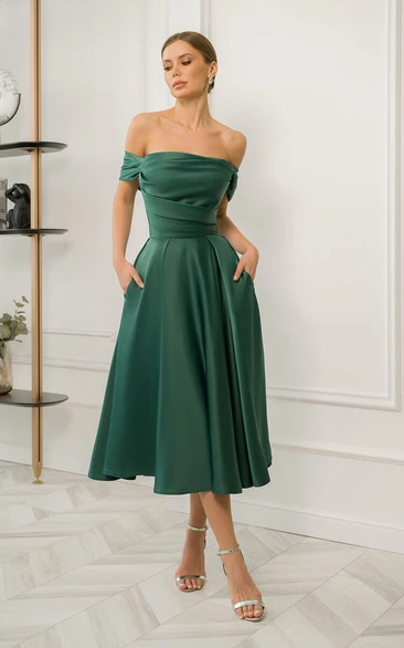 Green Ruched Off-the-shoulder Tea-length Satin Elegant Dress