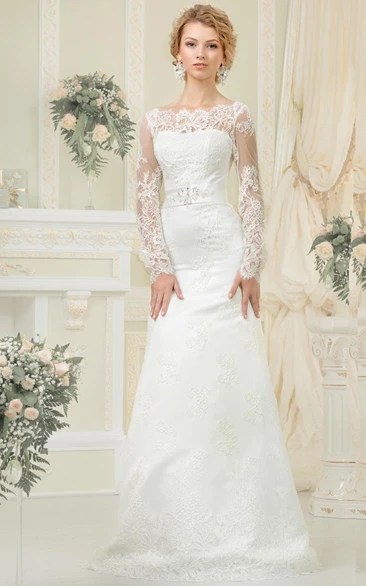 Sheath Floor-Length Bateau-Neck Illusion-Sleeve Lace-Up Lace Dress With Sash And Beading