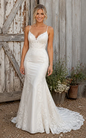 Spaghetti Strap Mermaid Lace Country Wedding Dress with Low Back and Lace Train