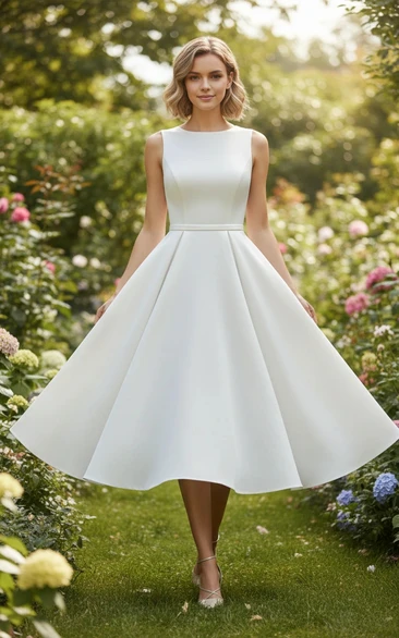 Simple Sleeveless Tea-Length A-line Dress with Waist Tie