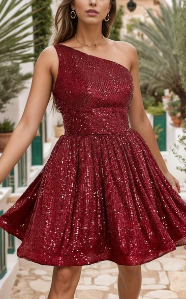 Burgundy One-Shoulder Sequined Cocktail Dress